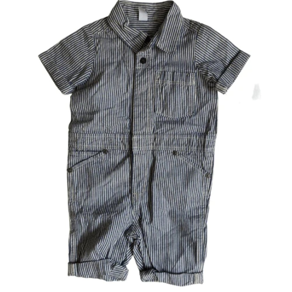 EUC Gap Denim Striped Button Down Shortall with Breast Pocket and Rolled Sleeves